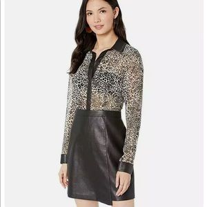 BCBG MAX AZRIA Long-sleeve printed dress with faux leather skirt